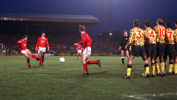 Wrexham v Arsenal 4/1/92 FA Cup 3rd Round Pic : Action Images Mickey Thomas (Wrexham) scores the first goal from a free kick